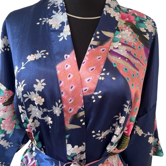 Vintage satin peacock kimono robe knee length blue pink OS - Picture 7 of 15